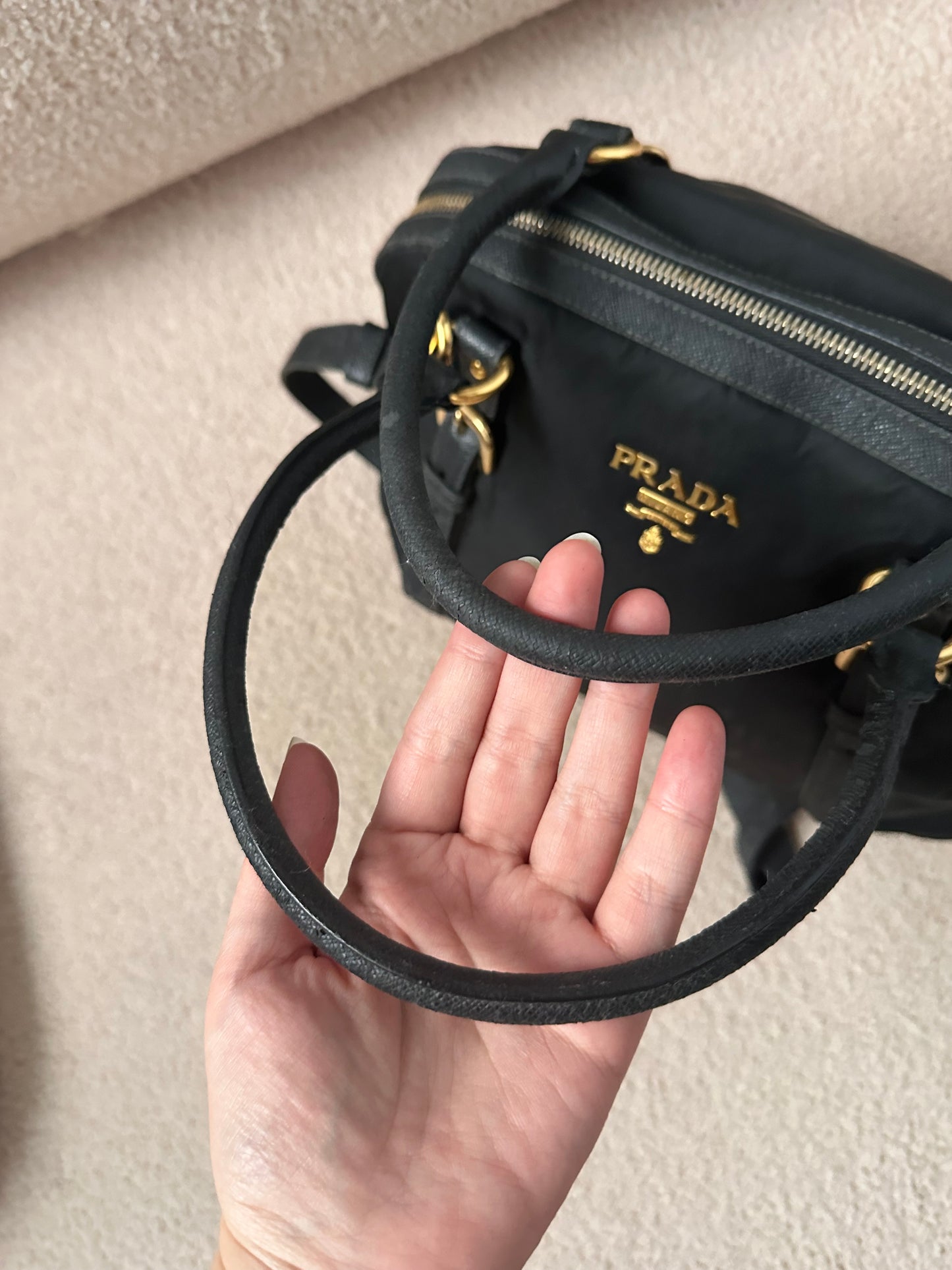 Prada Black Tessuto Leather Trim Top Handle Bag with Strap