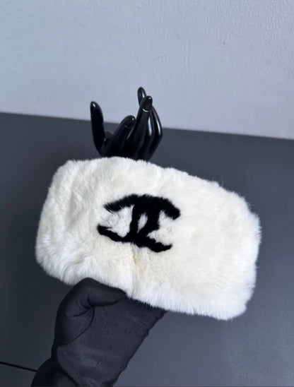 Rare Chanel Vintage Rabbit Fur Coco Neige CC Cuff Bracelet Warmer
