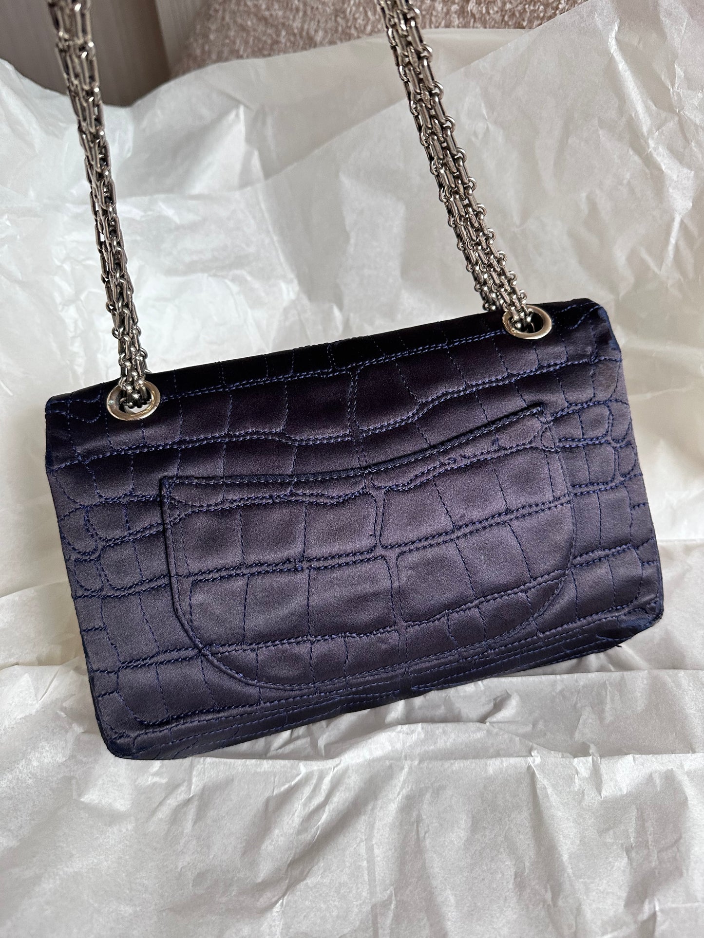 RARE Chanel Croc-Embossed Medium Double Flap 2.55 Reissue - Navy Satin, Fabric
