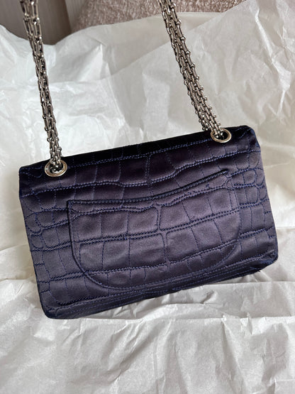 RARE Chanel Croc-Embossed Medium Double Flap 2.55 Reissue - Navy Satin, Fabric