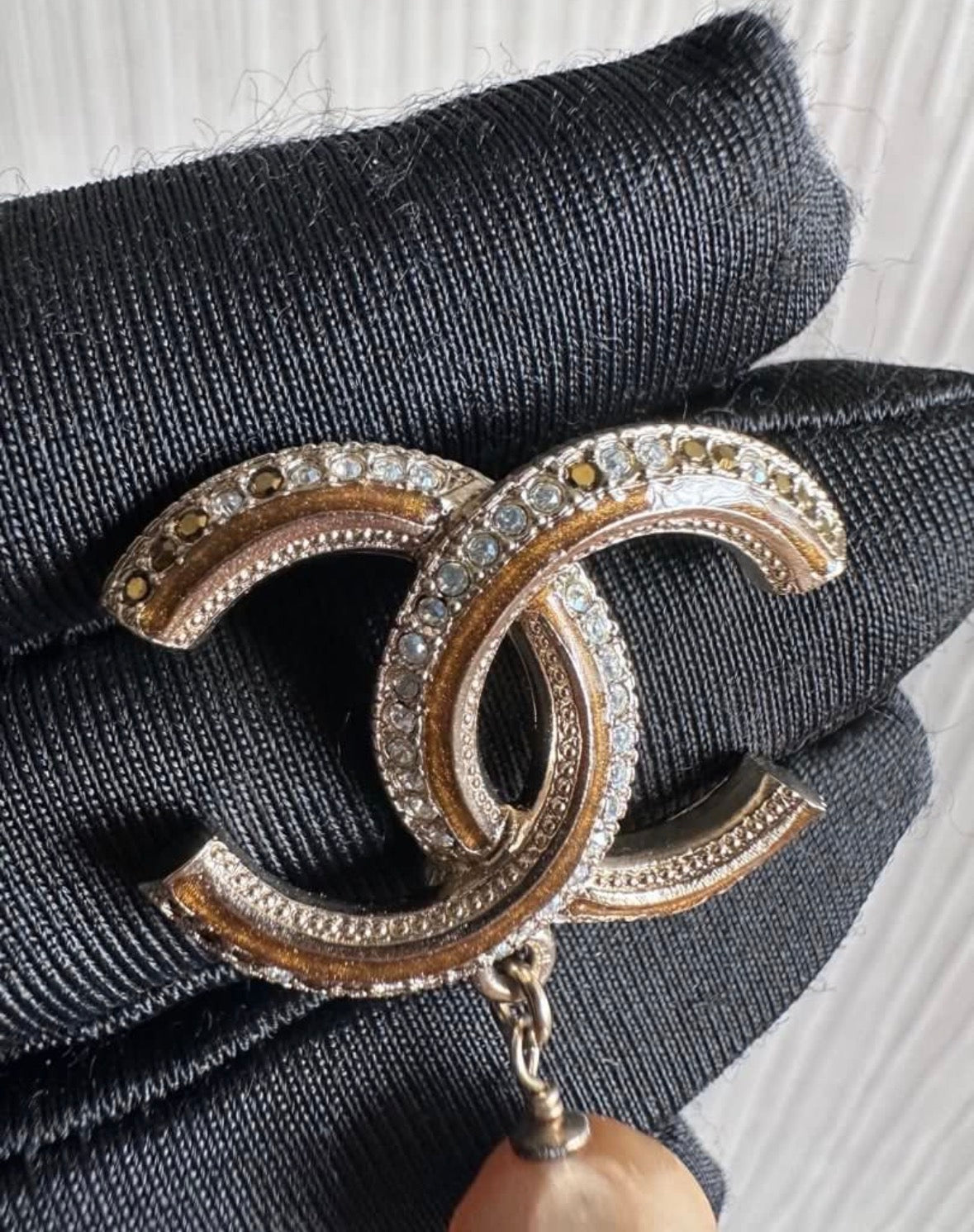 Chanel Dangling Pearl Brooch Bronze Crystals