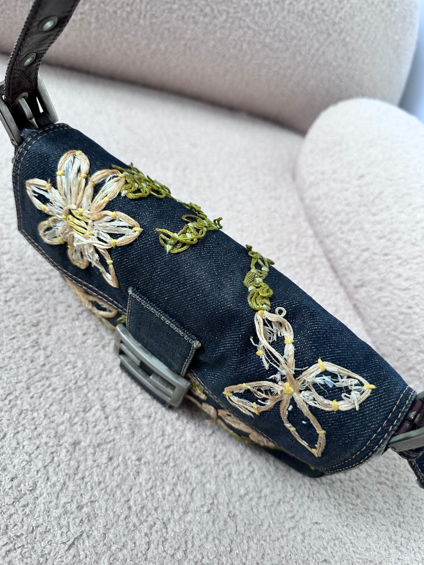 Fendi Floral Embroidered Denim Baguette