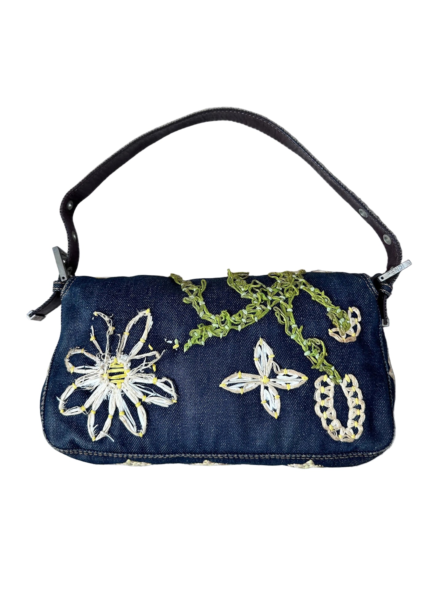 Fendi Floral Embroidered Denim Baguette