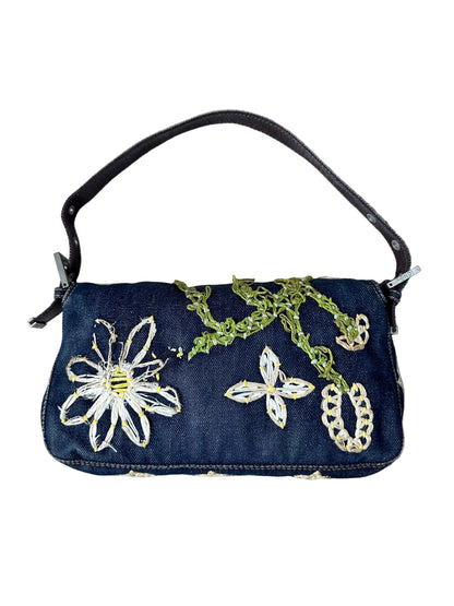 Fendi Floral Embroidered Denim Baguette