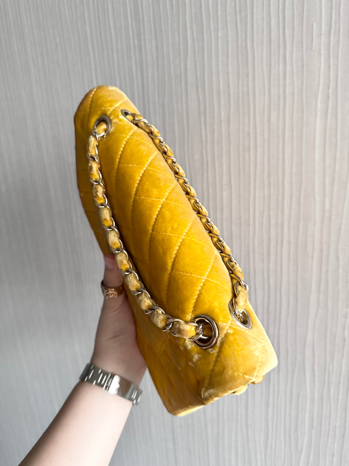 Chanel Medium Classic Flap Yellow Velvet Leather
