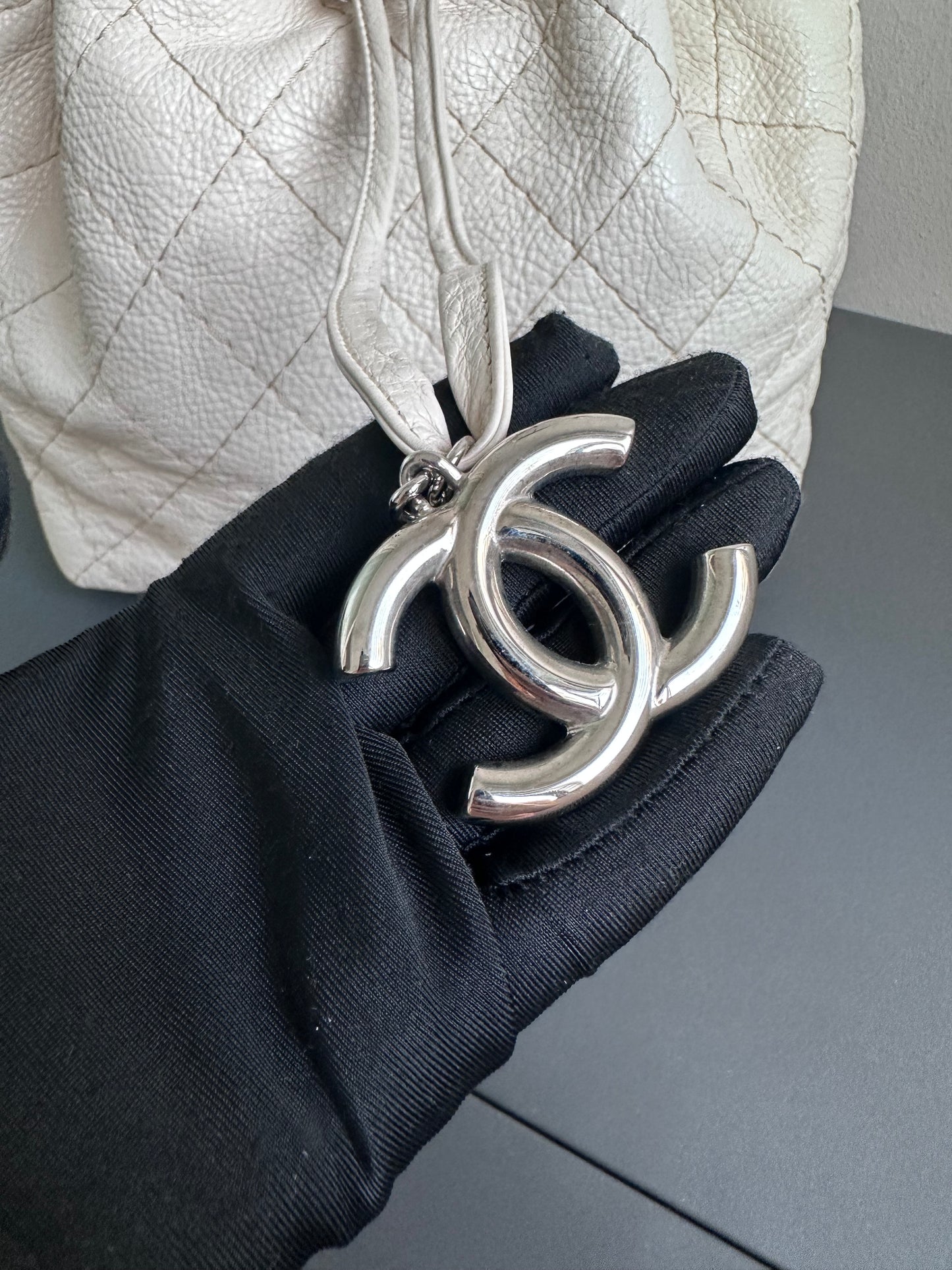 Chanel Maxi Hobo Caviar Bucket Shoulder Bag - Cream Beige / Silver Hardware