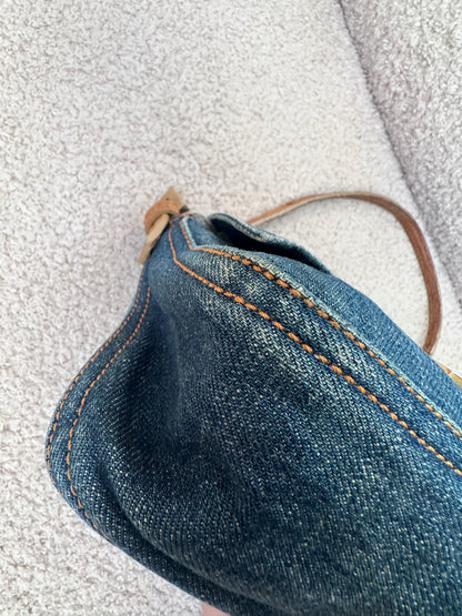 Fendi Vintage Blue Denim Lizard Trim Baguette