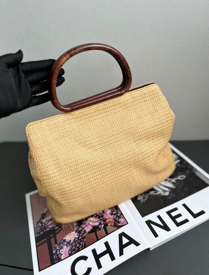 Rare Chanel Wooden Handle Hobo Raffia Tote Bag
