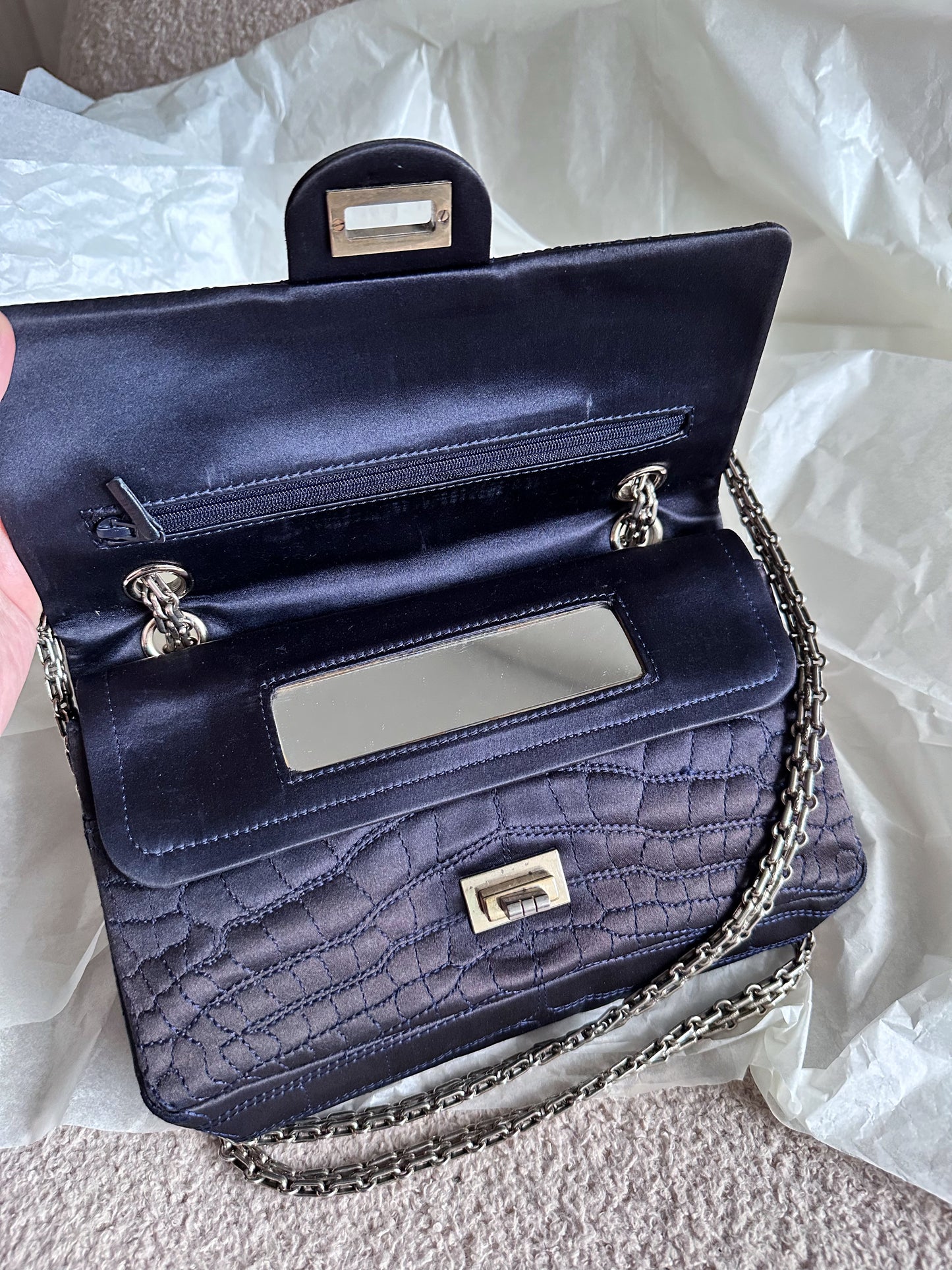 RARE Chanel Croc-Embossed Medium Double Flap 2.55 Reissue - Navy Satin, Fabric