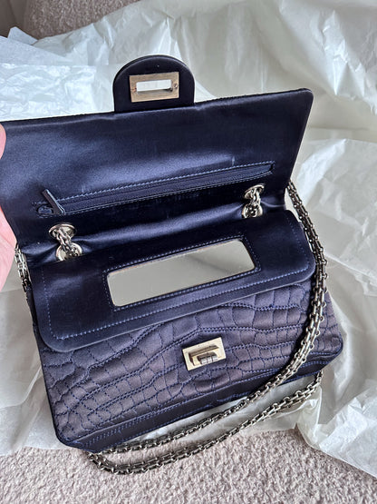 RARE Chanel Croc-Embossed Medium Double Flap 2.55 Reissue - Navy Satin, Fabric