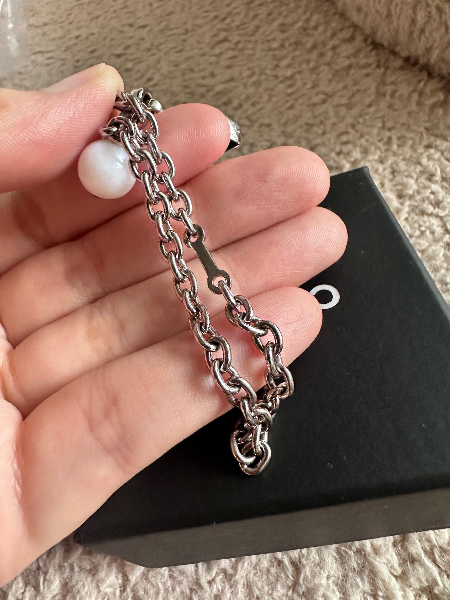 Chanel Logo Bag Charm With Pearl / Silver Hardware