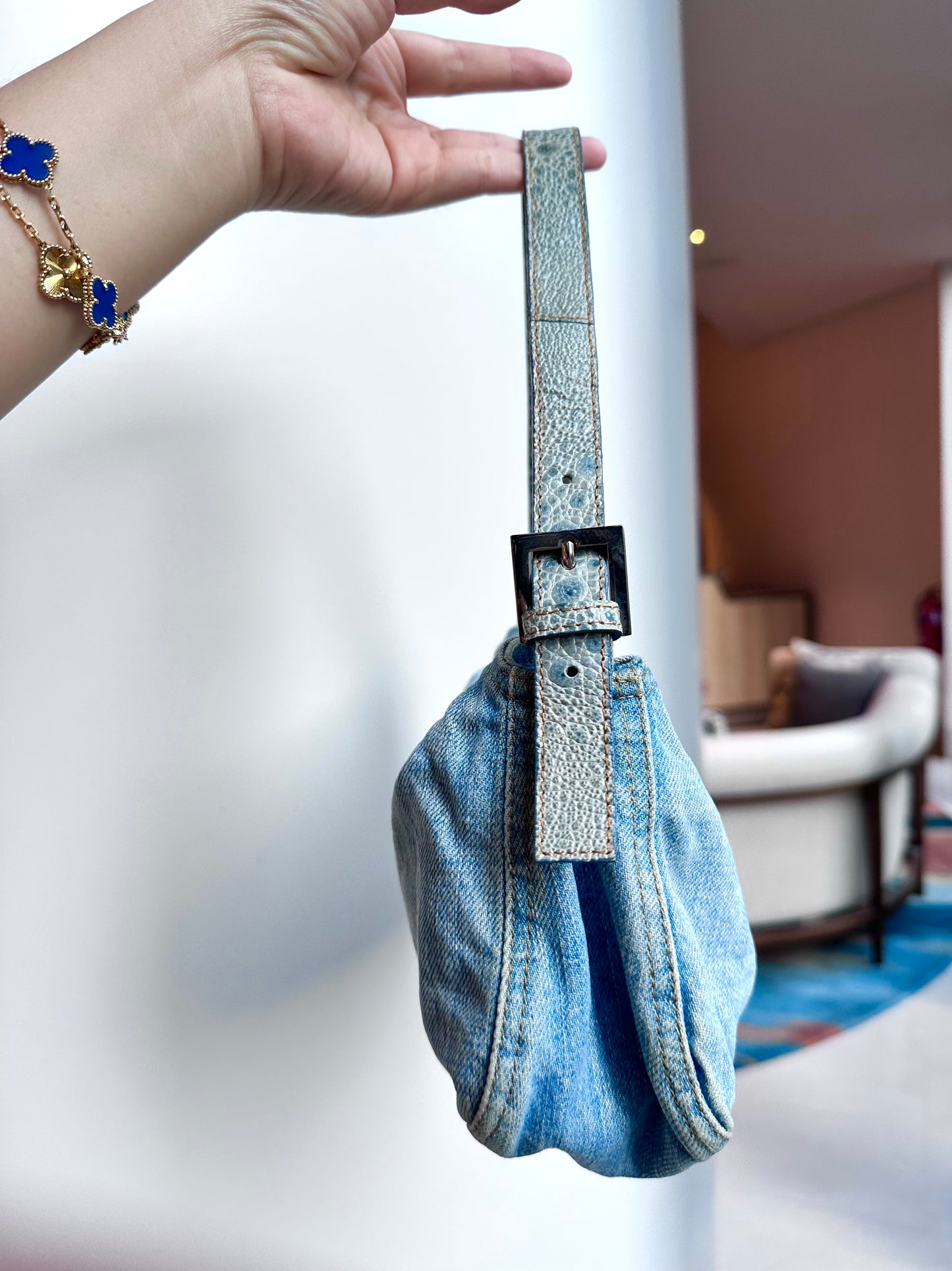 Fendi Denim Lapis Lazuli Exotic Leather Baguette