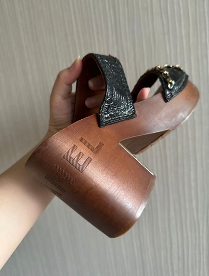 Chanel Chain Black Leather Wood Mules Sandals