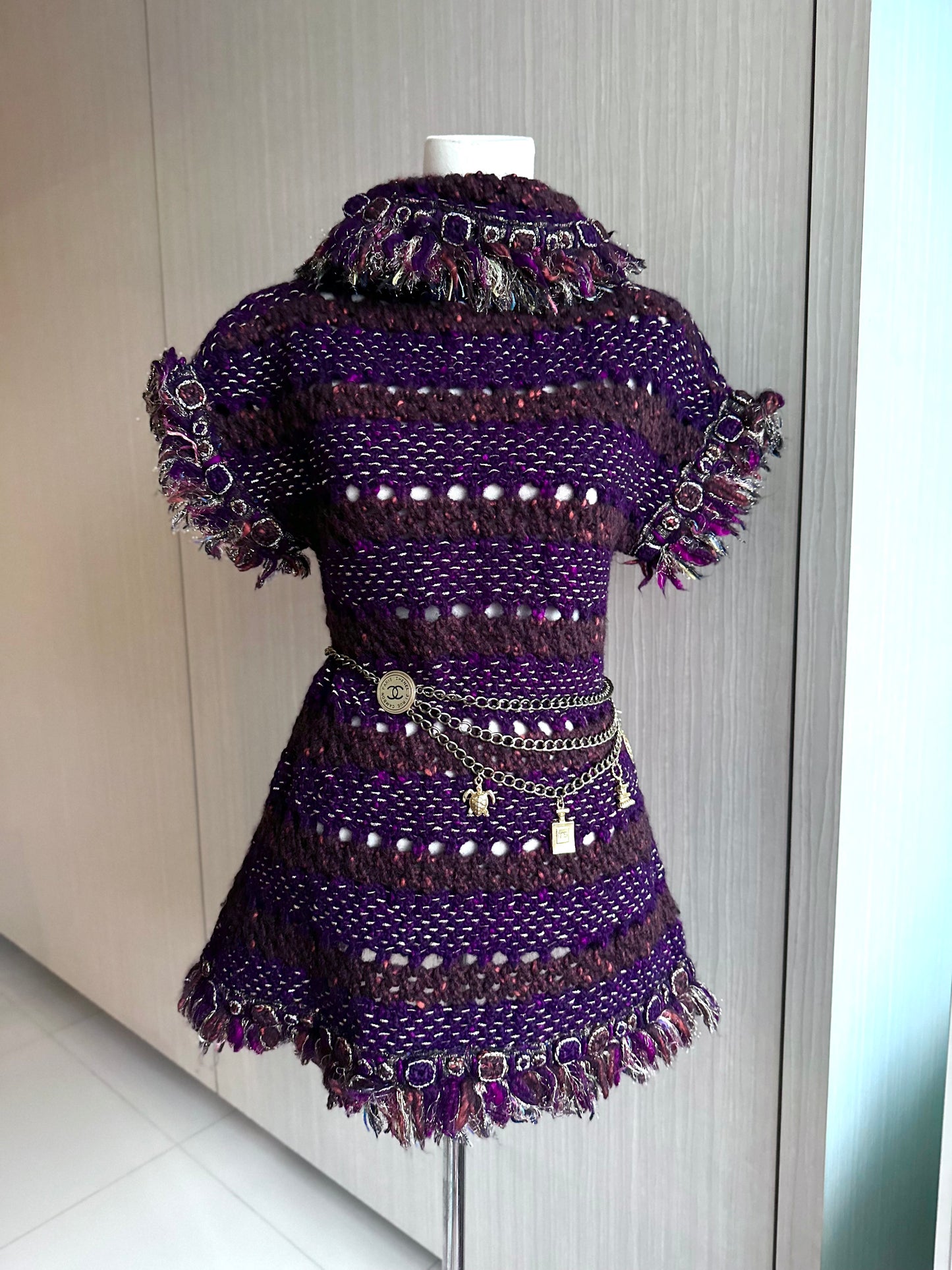 Rare Chanel Egyptian Runway Show Gold Thread Purple Tweed Woven Dress