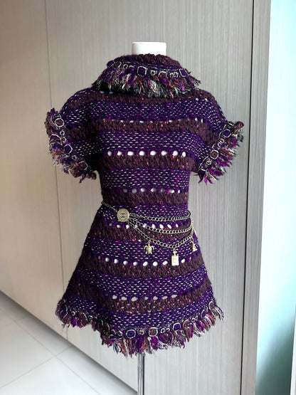 Rare Chanel Egyptian Runway Show Gold Thread Purple Tweed Woven Dress