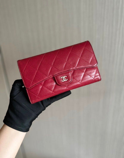 Chanel Caviar Classic Trifold Long Wallet Red Silver Hardware