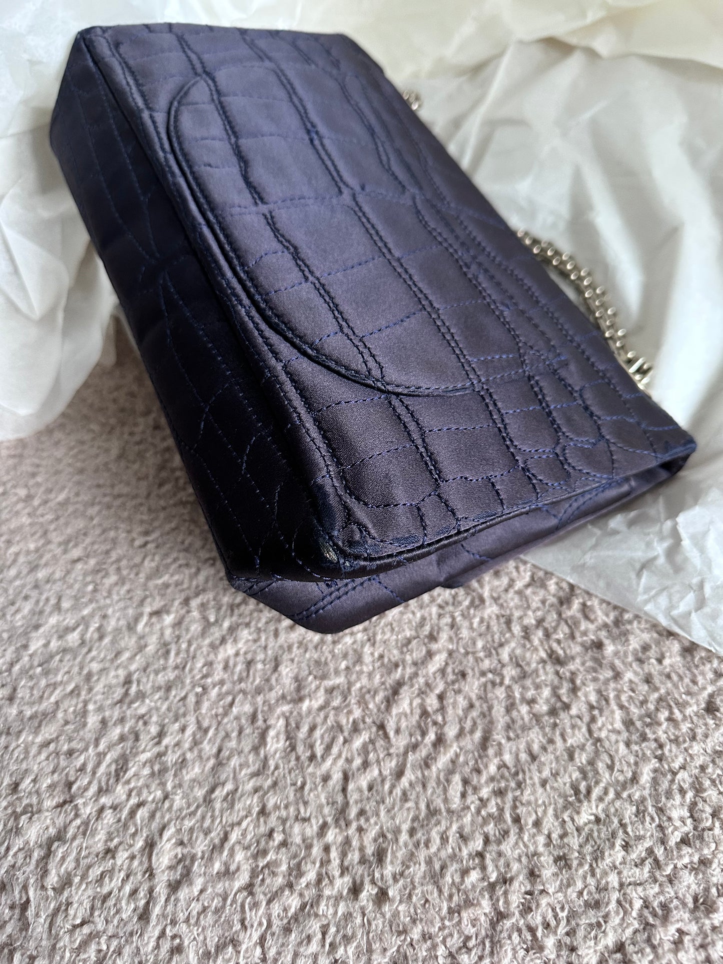 RARE Chanel Croc-Embossed Medium Double Flap 2.55 Reissue - Navy Satin, Fabric