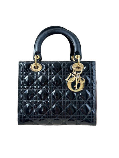 Christian Dior Lady Dior Medium Black Patent Gold Hardware