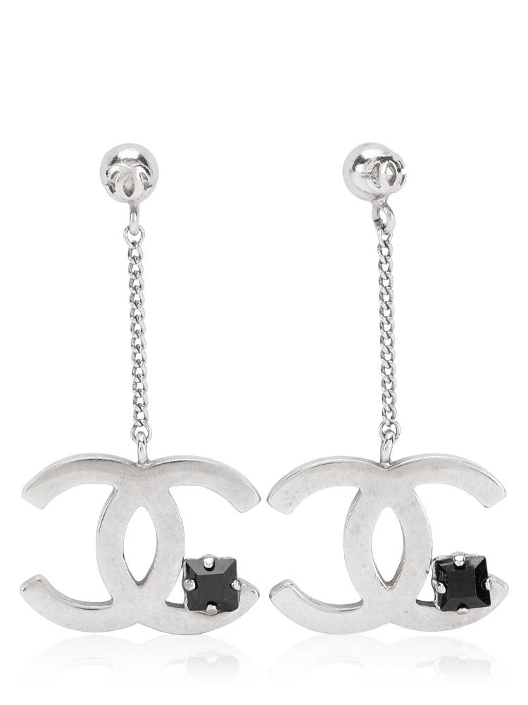 Chanel Classic CC Silver Dangling Earrings With Black Crystal