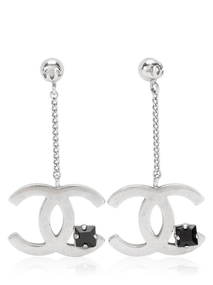 Chanel Classic CC Silver Dangling Earrings With Black Crystal