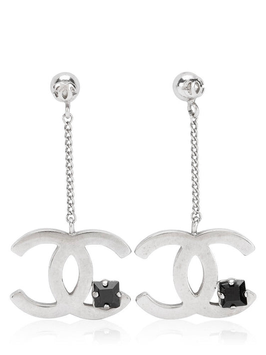 Chanel Classic CC Silver Dangling Earrings With Black Crystal