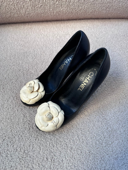 Chanel Camellia Black Leather Pumps Heels (Size 37.5)