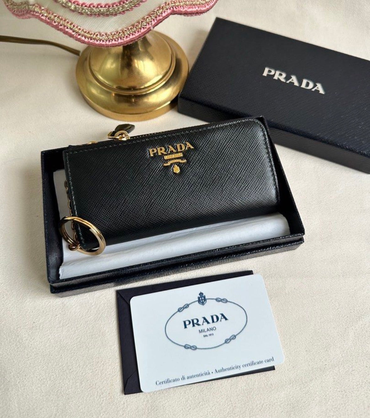Prada Compact Wallet Key Pouch Black Saffiano