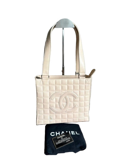 Chanel Vintage Beige Chocolate Bar Shoulder Tote Bag