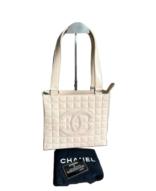 Chanel Vintage Beige Chocolate Bar Shoulder Tote Bag