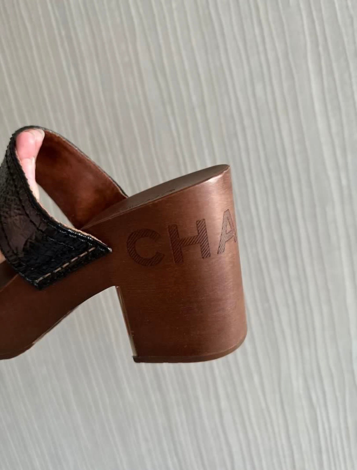 Chanel Chain Black Leather Wood Mules Sandals