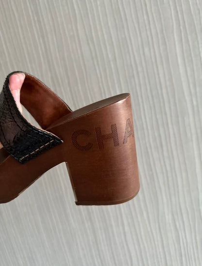 Chanel Chain Black Leather Wood Mules Sandals