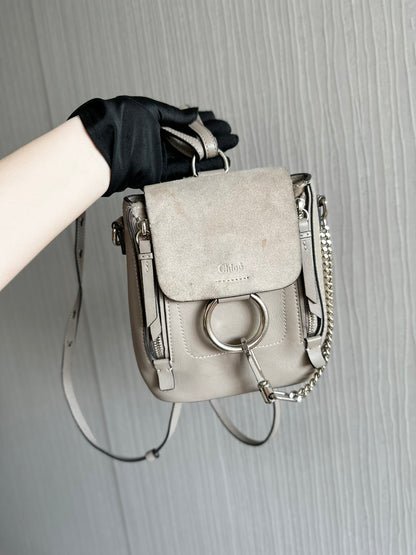 Chloe Faye Mini Backpack Bag Beige Grey Leather