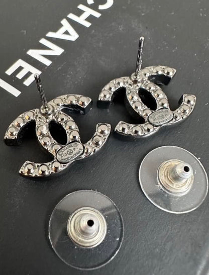Chanel Classic CC Black Crystal Pearl Earrings