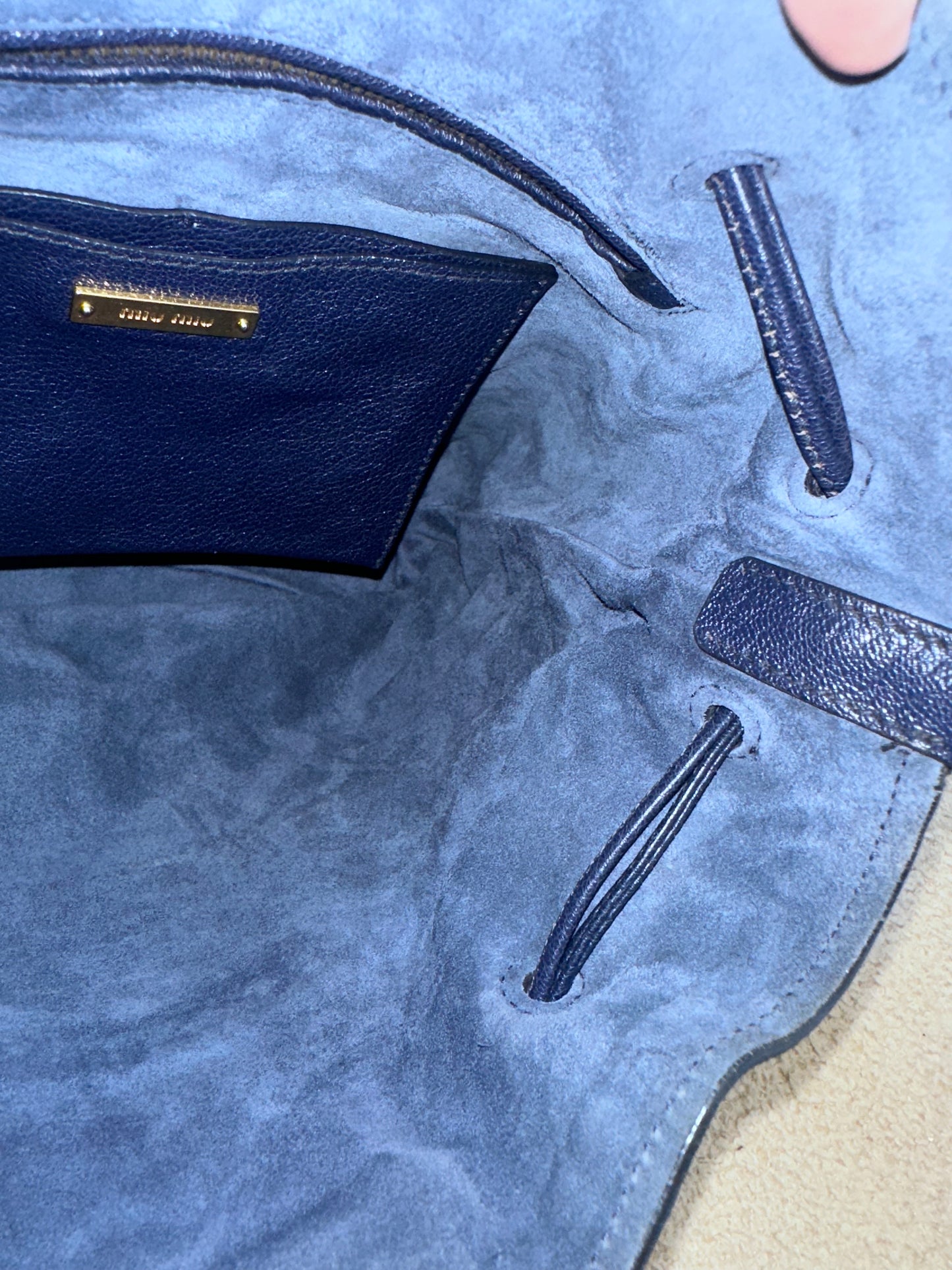 Miu Miu Leather Denim Drawstring Shoulder Bag