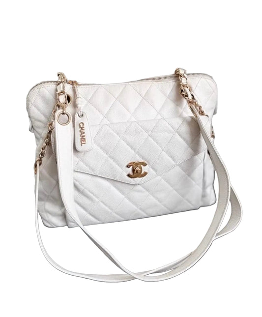 Chanel Caviar Quilted Hobo Shoppers Tote Bag - White / 24K Gold Plated Hardware