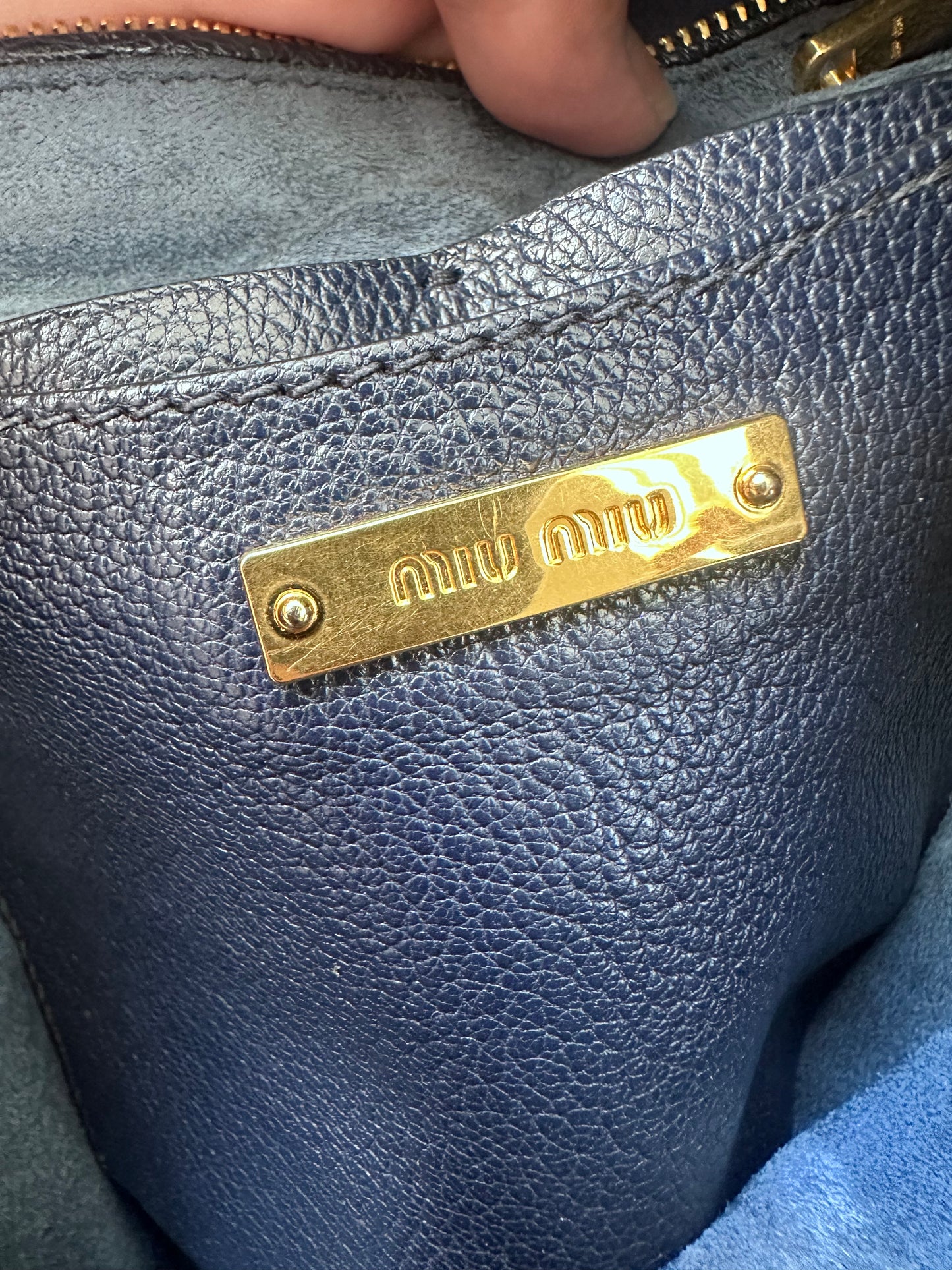 Miu Miu Leather Denim Drawstring Shoulder Bag