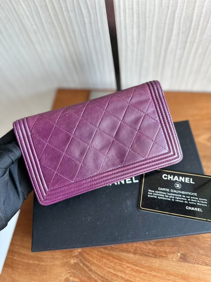 Chanel Boy Bifold Classic Wallet Purple Leather
