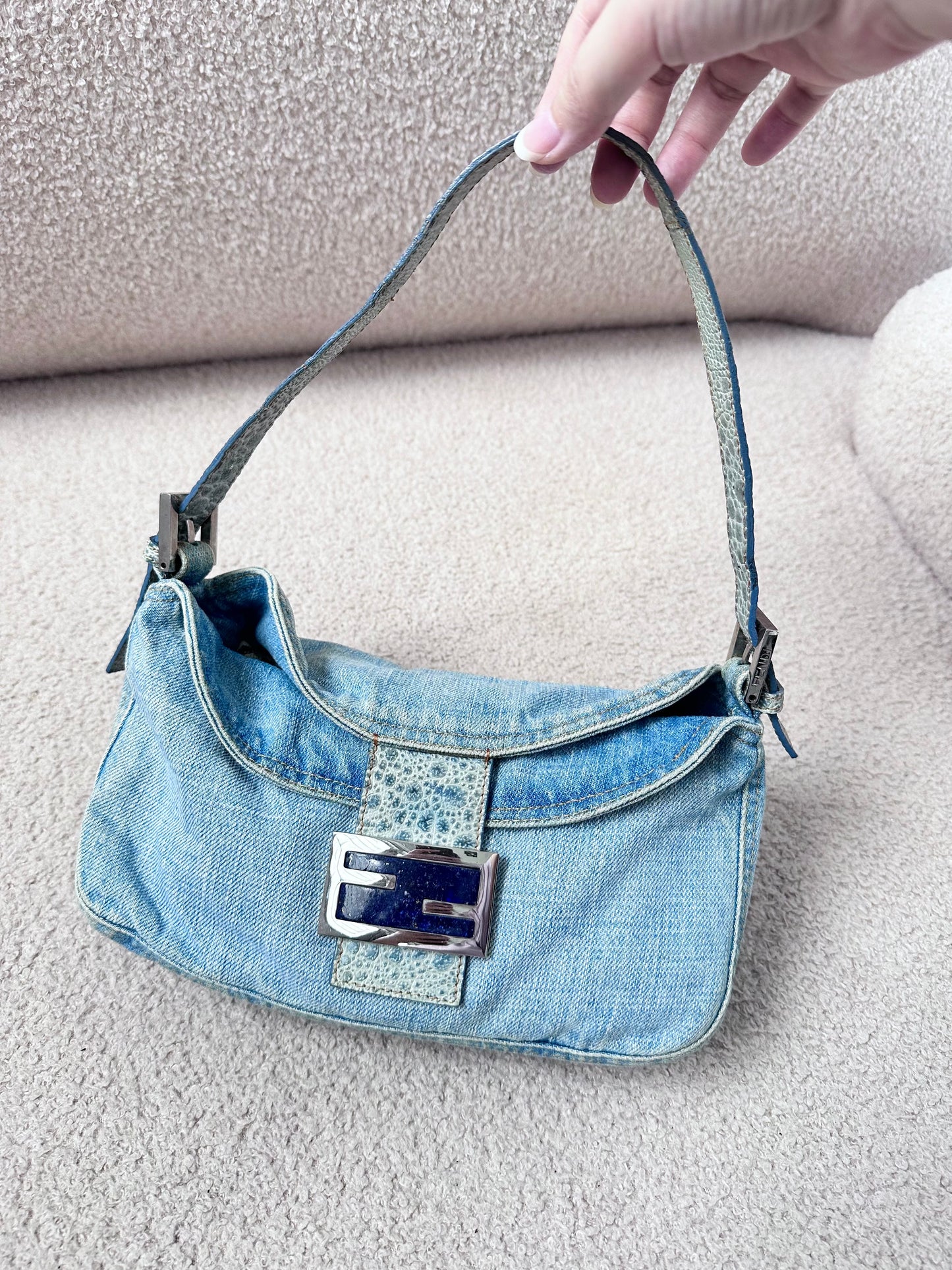 Fendi Denim Lapis Lazuli Exotic Leather Baguette