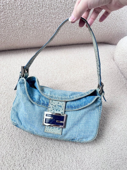 Fendi Denim Lapis Lazuli Exotic Leather Baguette