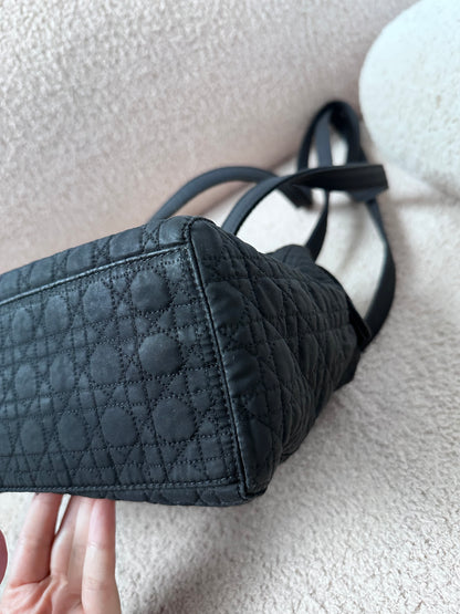 CHRISTIAN DIOR Lady Dior Cannage Preppy Shoulder Camera Tote - Black Nylon / Gold Hardware