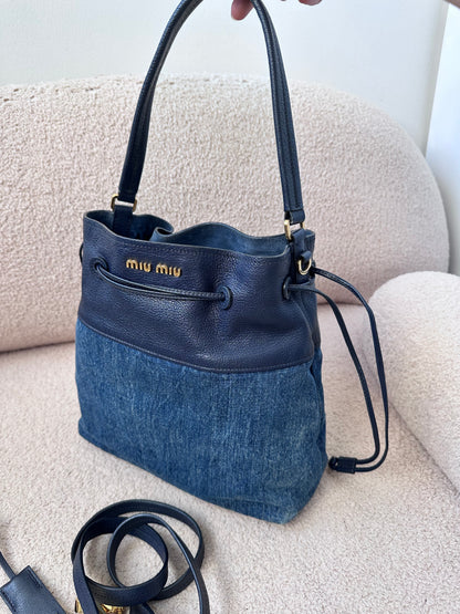 Miu Miu Leather Denim Drawstring Shoulder Bag