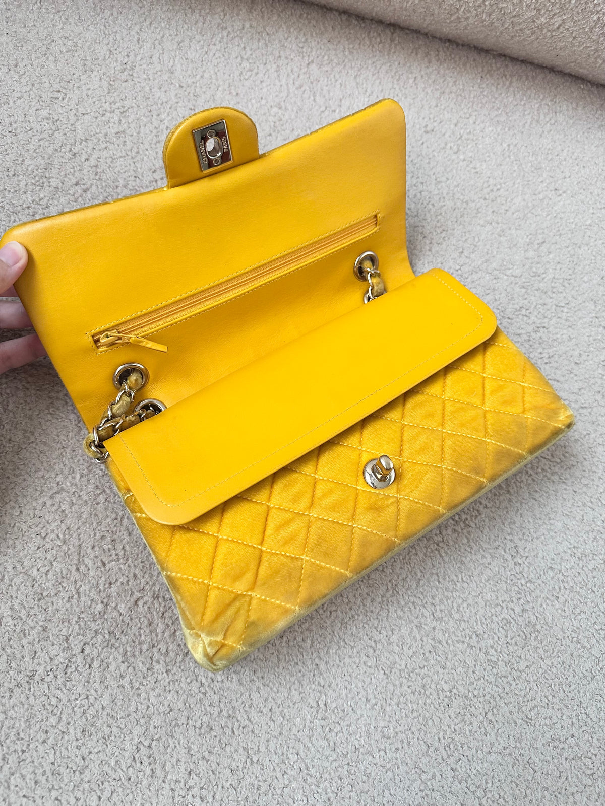 Chanel Medium Classic Flap Yellow Velvet Leather
