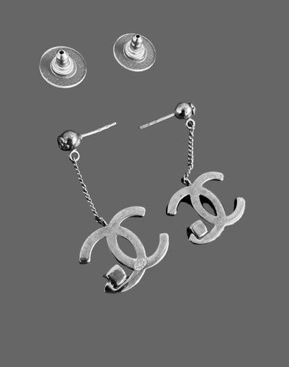 Chanel Classic CC Silver Dangling Earrings With Black Crystal