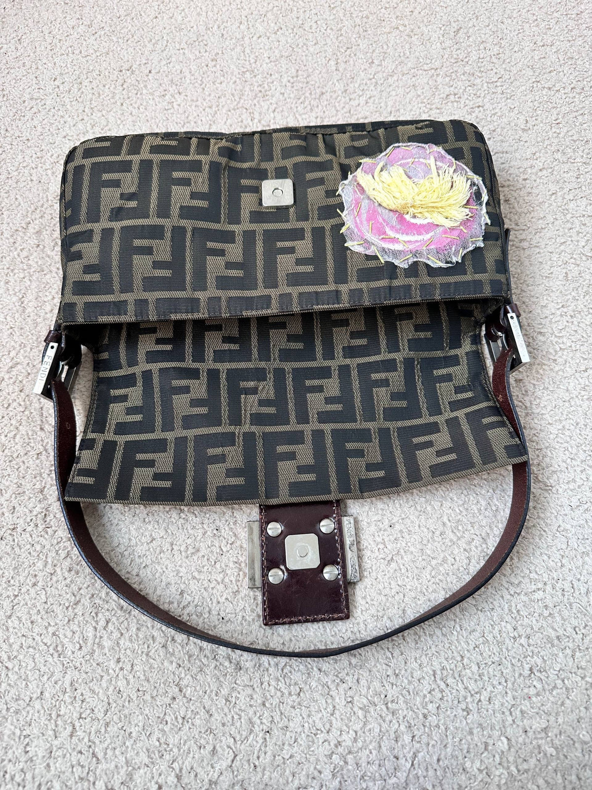 Fendi Embroidered Flower Baguette Pink FF Buckle