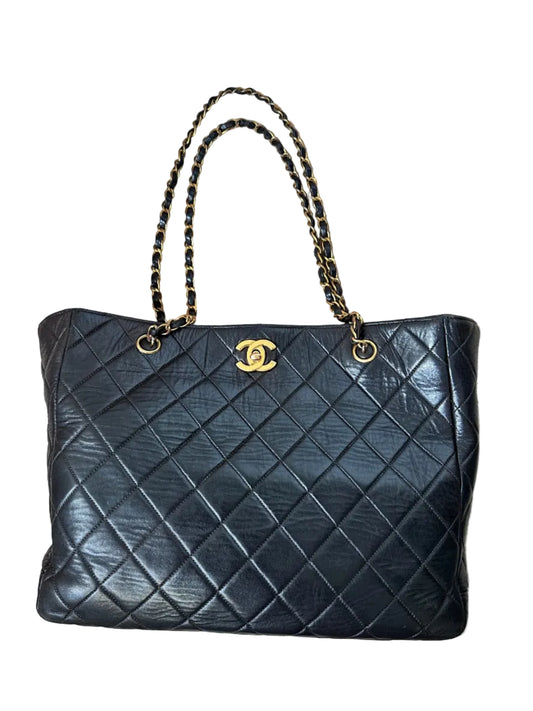 Chanel Black Vintage Quilted Chain Tote Bag 24K Gold Hardware