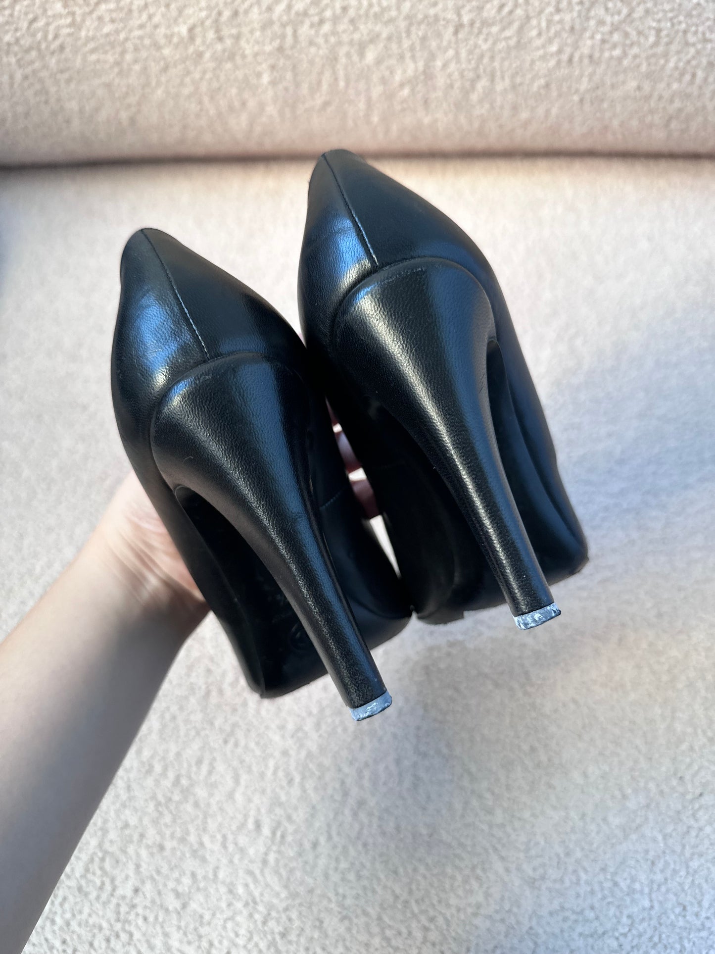 Chanel Camellia Black Leather Pumps Heels (Size 37.5)