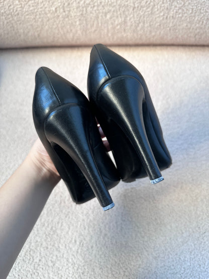 Chanel Camellia Black Leather Pumps Heels (Size 37.5)