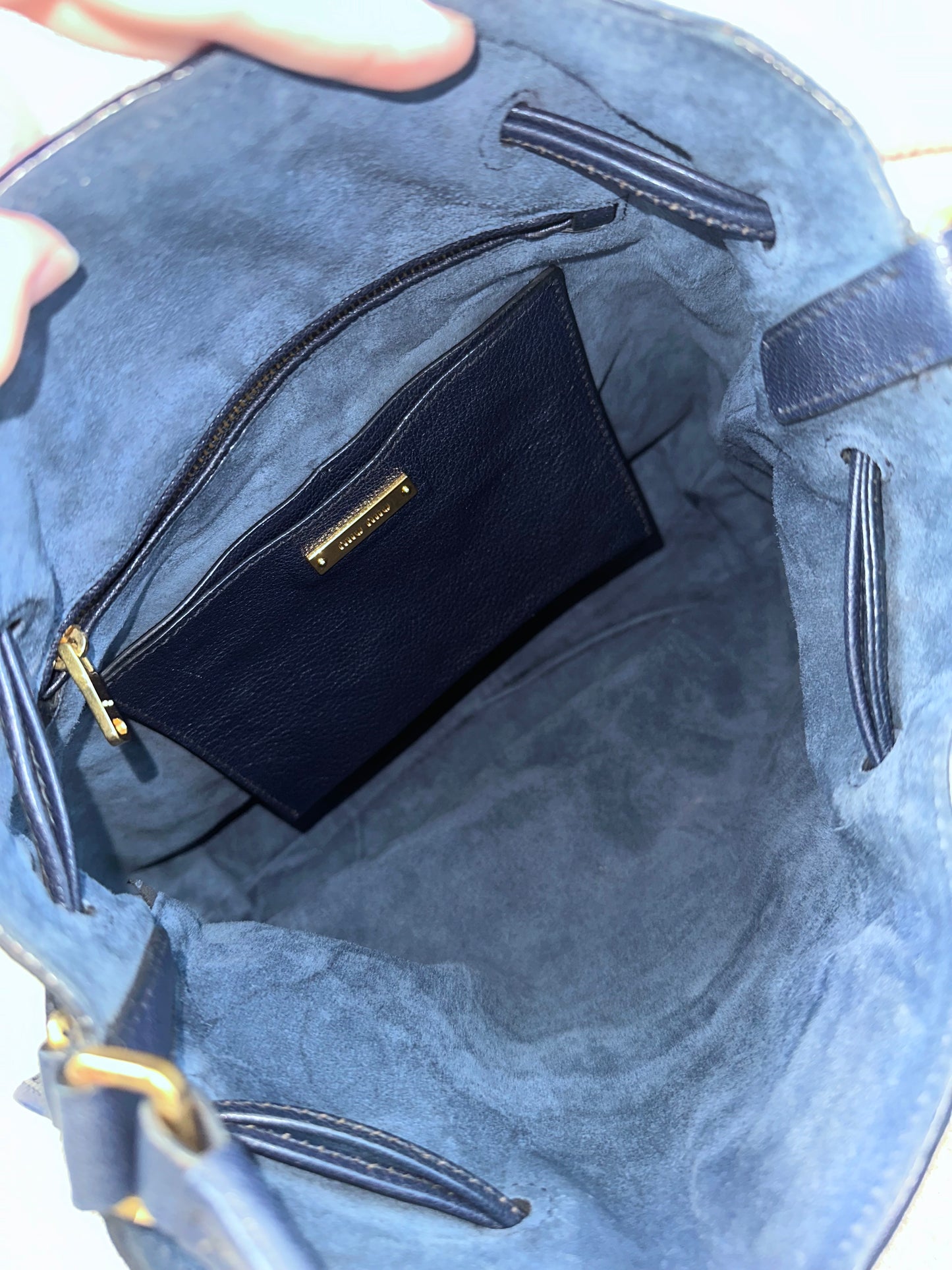 Miu Miu Leather Denim Drawstring Shoulder Bag
