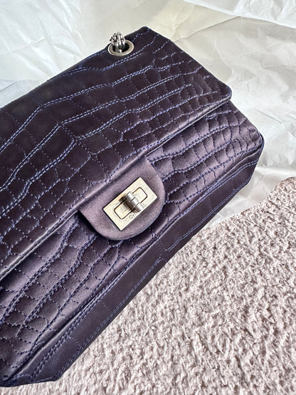 RARE Chanel Croc-Embossed Medium Double Flap 2.55 Reissue - Navy Satin, Fabric