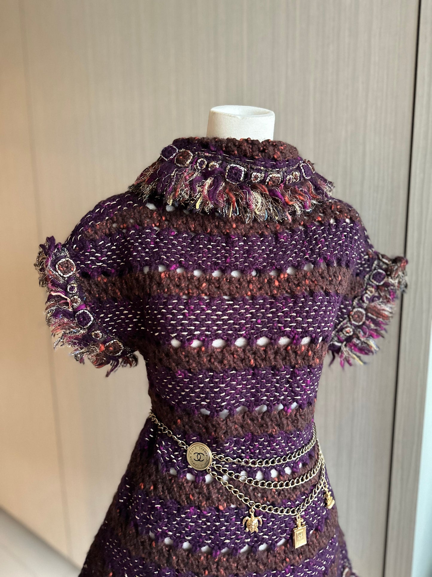 Rare Chanel Egyptian Runway Show Gold Thread Purple Tweed Woven Dress